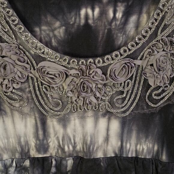 Tricotto Dress Womens L Boho Festival Romantic Tie-Dye Ruffle Embroidery Black - Picture 4 of 9